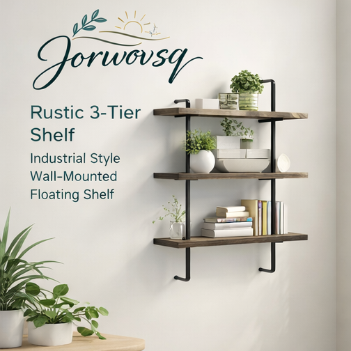 Jorwovsq™ Rustic 3-Tier Shelf – Industrial Style Wall-Mounted Floating Shelf, Floating shelf, rustic wall shelf, 3-tier shelf, industrial shelving, wall-mounted shelf, home storage, space-saving furniture