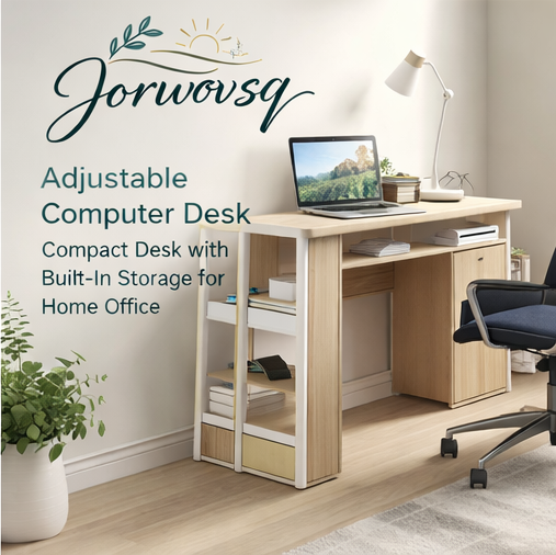 Jorwovsqโข Adjustable Computer Desk โ Compact Desk with Built-In Storage for Home Office, Adjustable desk, computer desk, home office furniture, standing desk, compact desk, small space desk, ergonomic desk