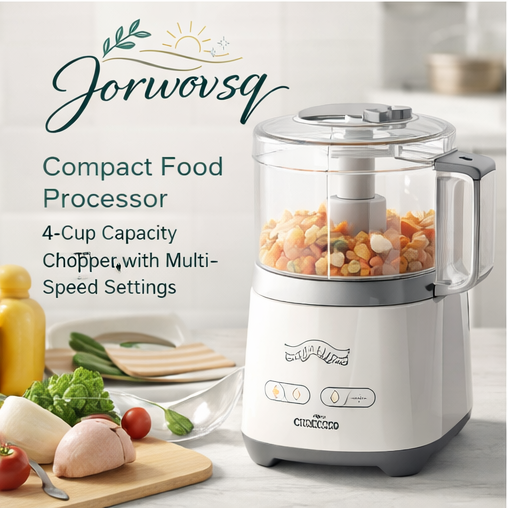 Jorwovsq™ Compact Food Processor – 4-Cup Capacity Chopper with Multi-Speed Settings, Food processor, compact chopper, 4-cup processor, kitchen appliances, multi-speed food processor, easy storage