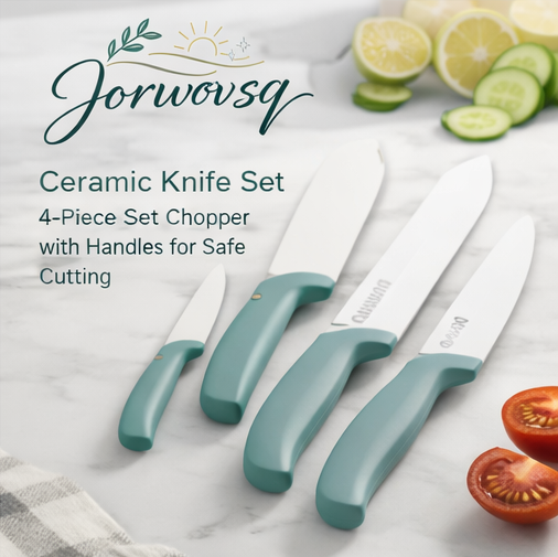 Jorwovsq™ Ceramic Knife Set – 4-Piece Set with Non-Slip Handles for Safe Cutting, Ceramic knife set, kitchen knives, non-slip handles, sharp ceramic blade, 4-piece knife set, safe kitchenware