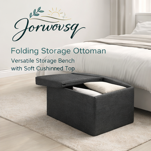Jorwovsq™ Folding Storage Ottoman – Versatile Storage Bench with Soft Cushioned Top, Folding storage ottoman, storage bench, cushioned ottoman, versatile furniture, small space furniture, entryway storage, footrest ottoman